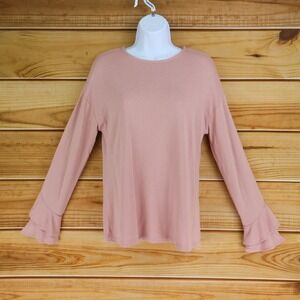 Como Vintage Long Sleeve Knit Top Womens Sz M Pink Soft Ruffle Accent Round Neck